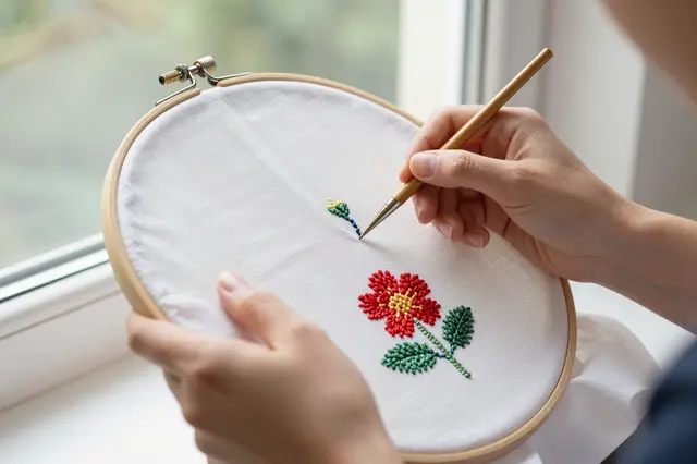Close-up of hands working on floral embroidery in a wooden hoop next to a bright window