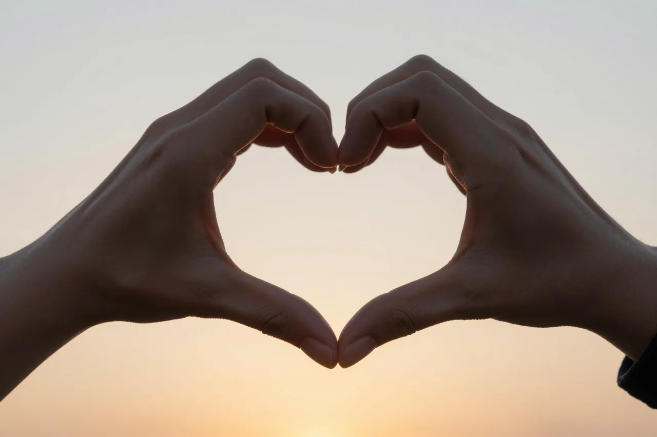 Two silhouetted hands form a heart shape against a soft gradient sunset sky.