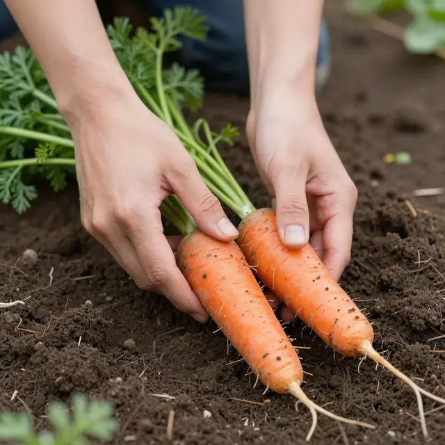 A person's hands pulling two fresh dirt-covered carrots from dark garden soil.