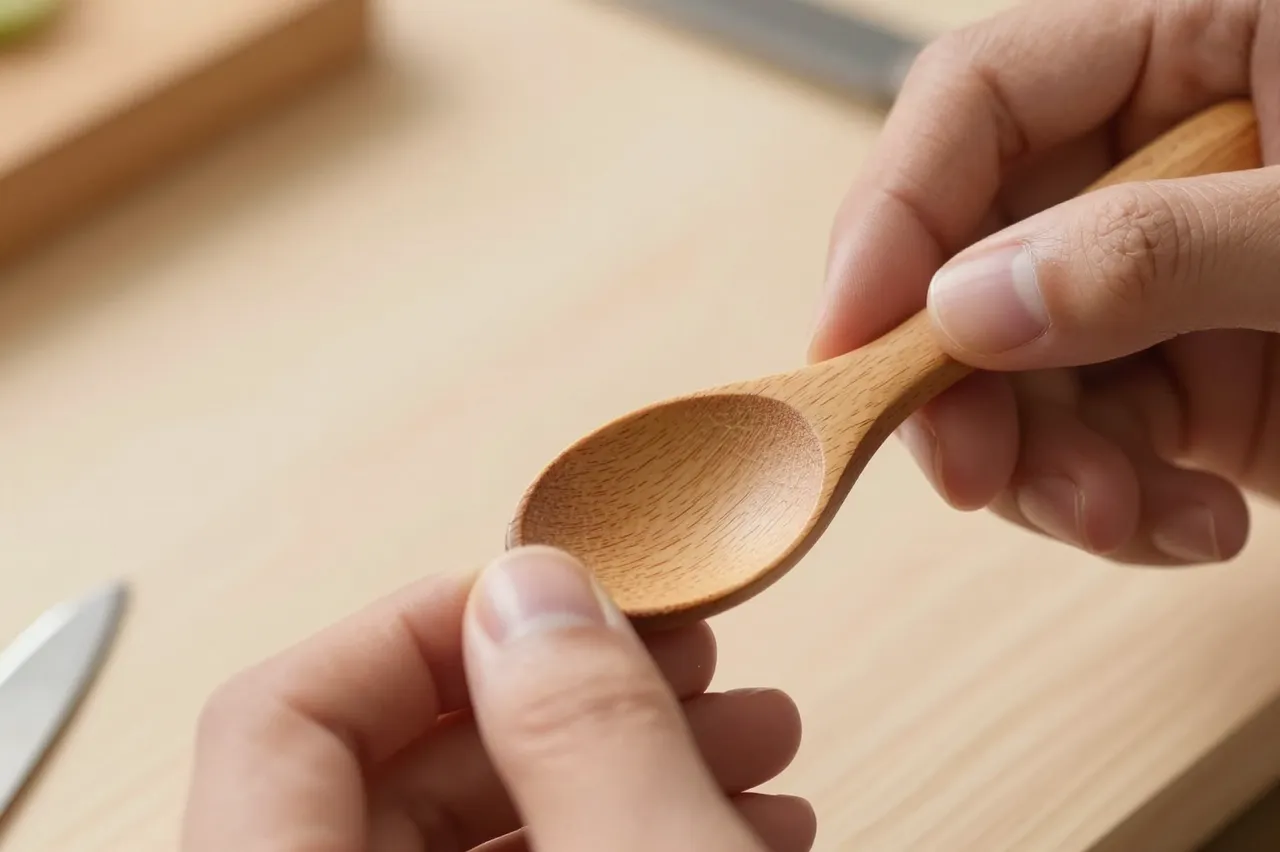 Close-up of two hands holding a finished small hand-carved wooden spoon over a wooden work surface