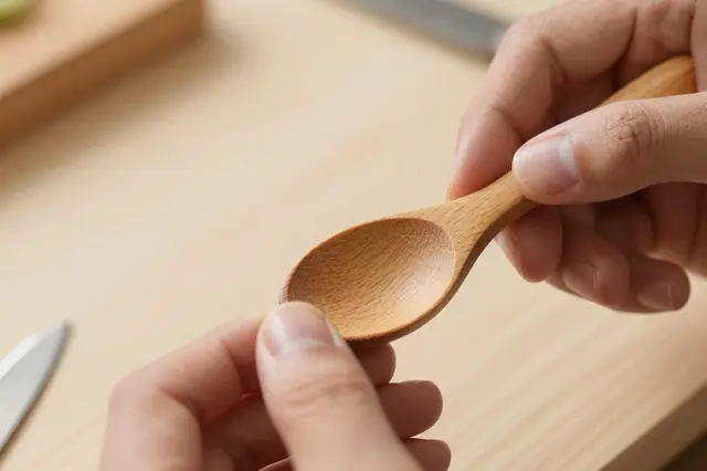 Close-up of two hands holding a finished small hand-carved wooden spoon over a wooden work surface
