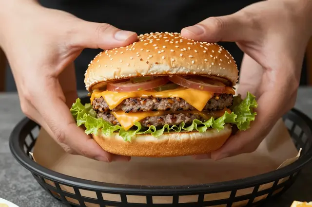 A person holds a stacked double cheeseburger above a parchment-lined black serving basket.