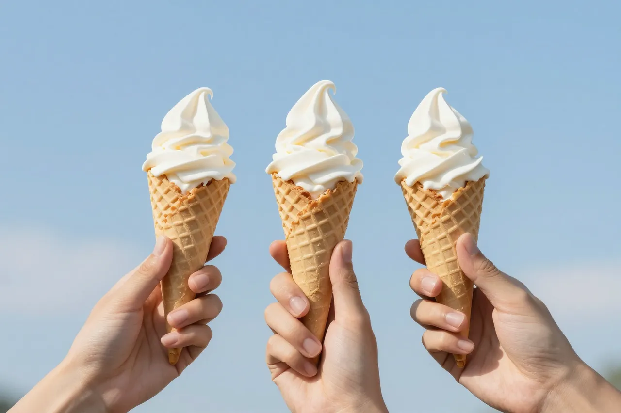 Three hands hold matching soft serve waffle cones against a pale blue summer sky