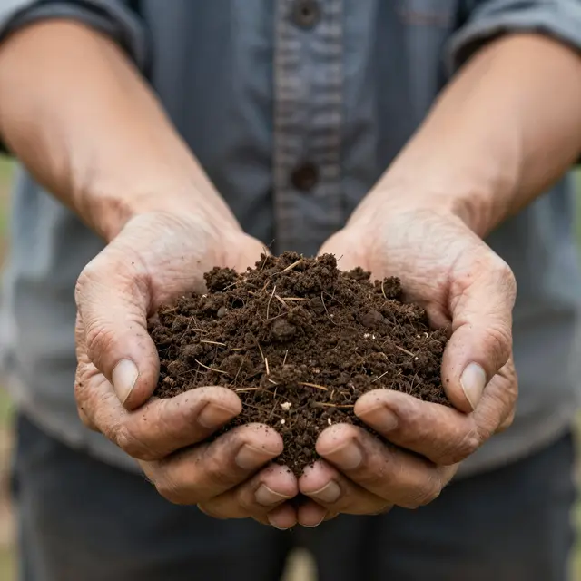 Weathered hands cup a clump of dark, rich organic topsoil in a close-up view