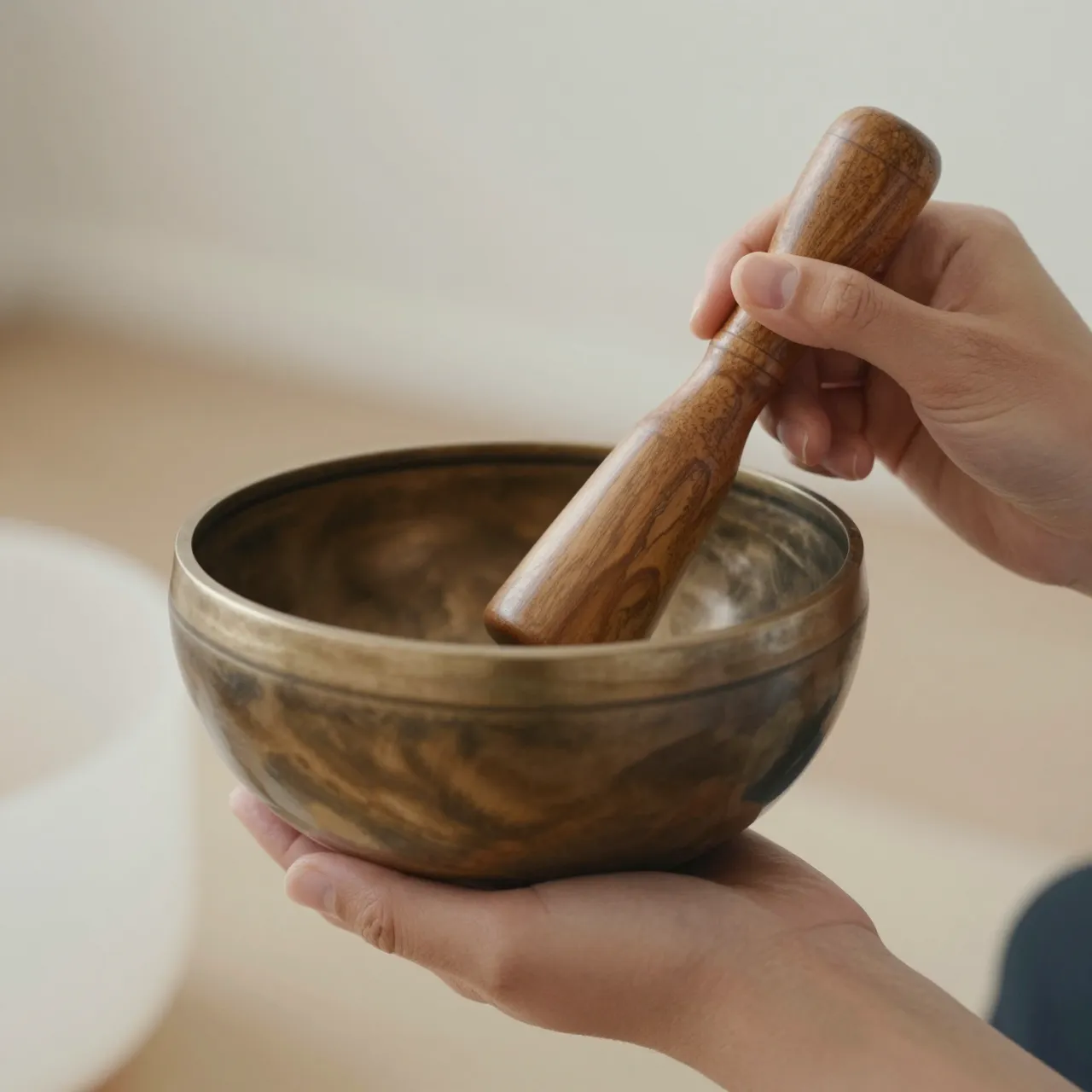 Close-up of two hands, one supporting a metal singing bowl, the other holding a wooden striker inside the bowl.