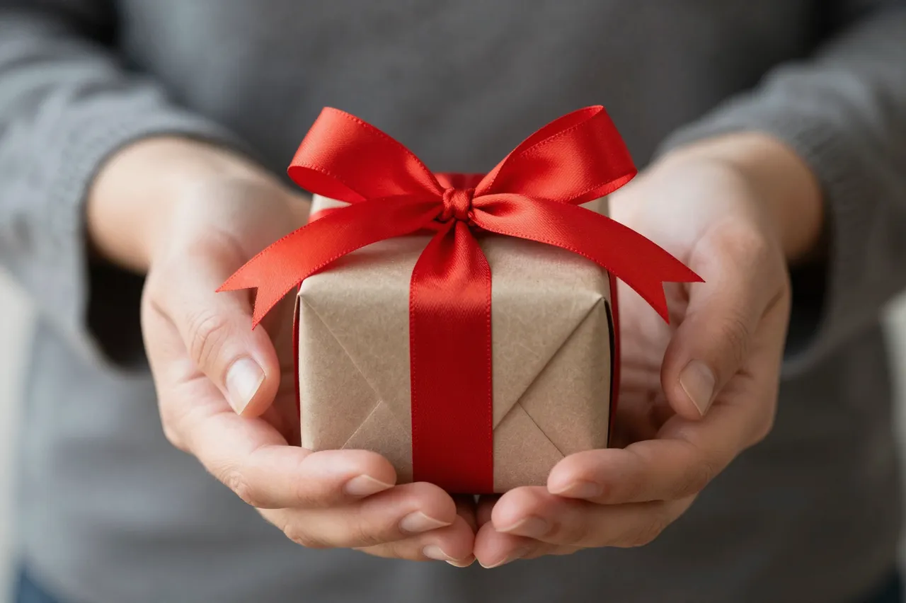 Cupped hands present a small wrapped gift box tied with a bright red satin ribbon bow.