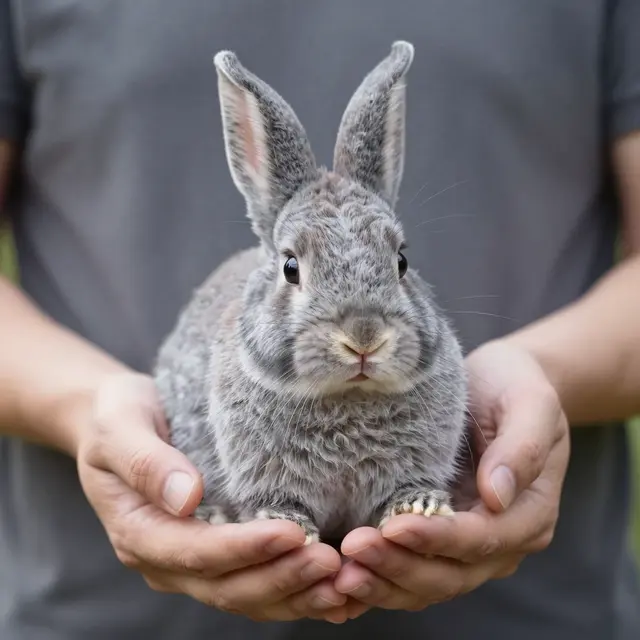Adult cupped hands gently hold a small fluffy gray rabbit facing the camera