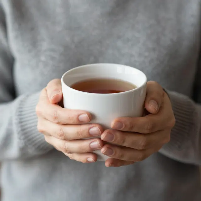 A person in a soft gray knit sweater holds a white mug of warm tea with both hands.