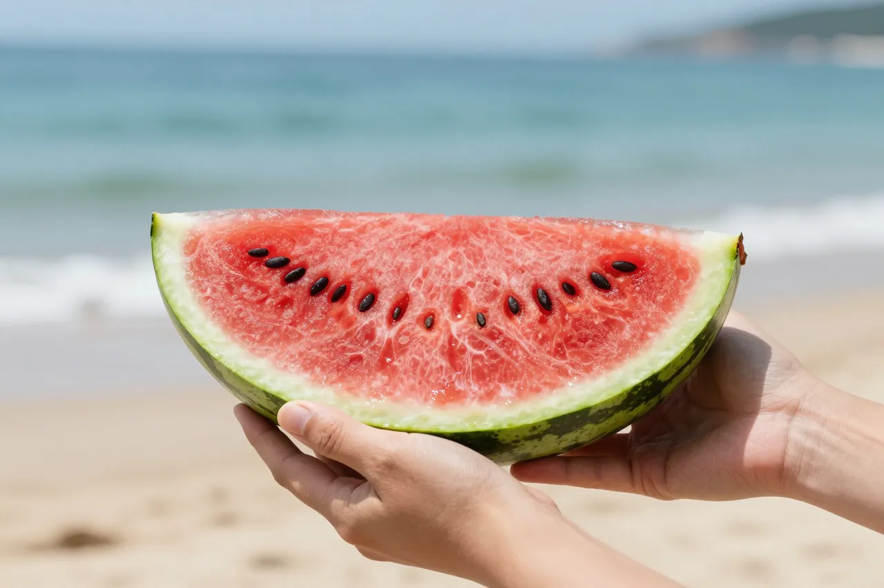Two hands hold a large slice of ripe watermelon against a sunny blurred beach and ocean background