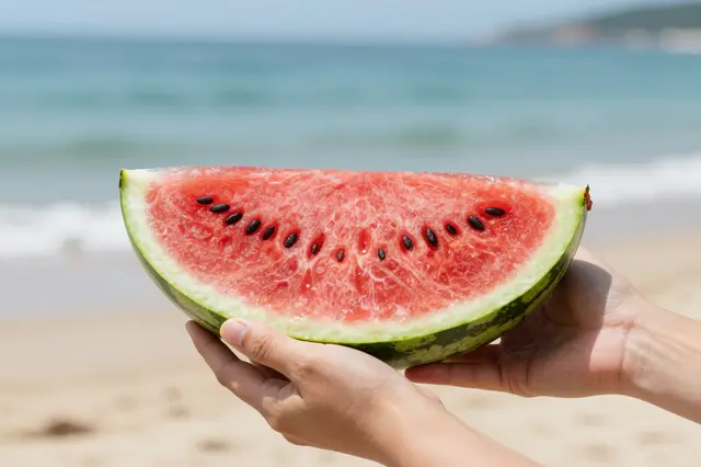 Two hands hold a large slice of ripe watermelon against a sunny blurred beach and ocean background