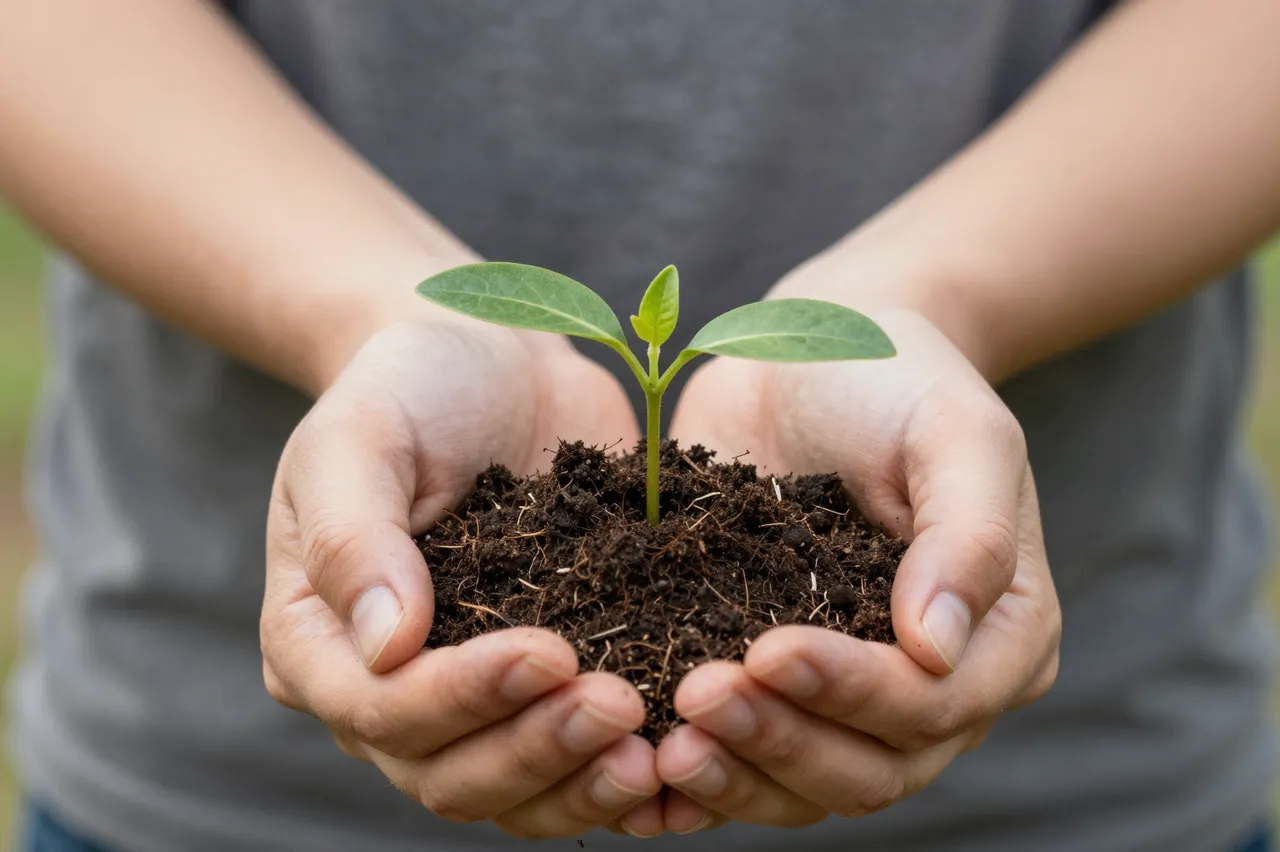Cupped hands hold dark soil supporting a small young green seedling.