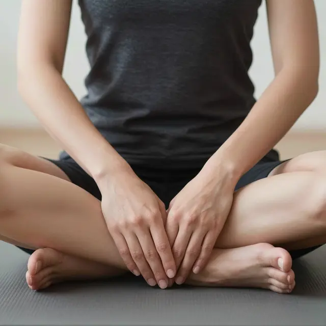 Close-up of a seated person resting their hands on their crossed legs on a yoga mat
