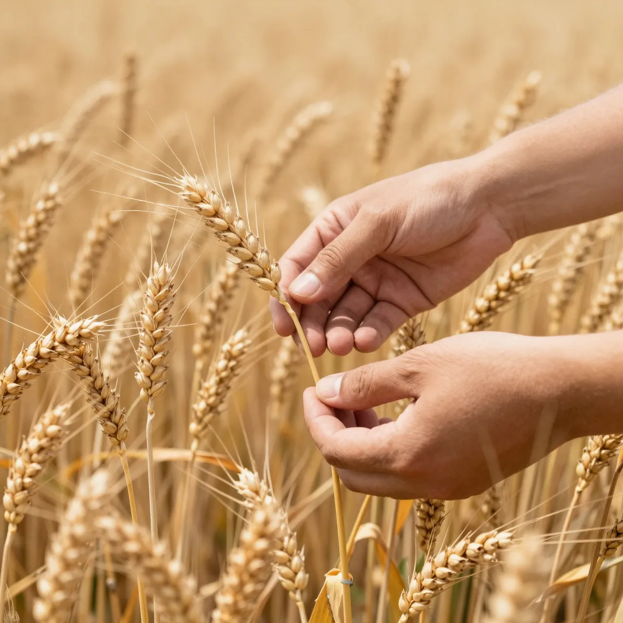 A person's hands hold and examine a ripe wheat ear in a golden grain field