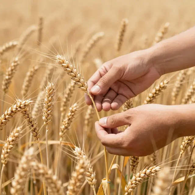 A person's hands hold and examine a ripe wheat ear in a golden grain field