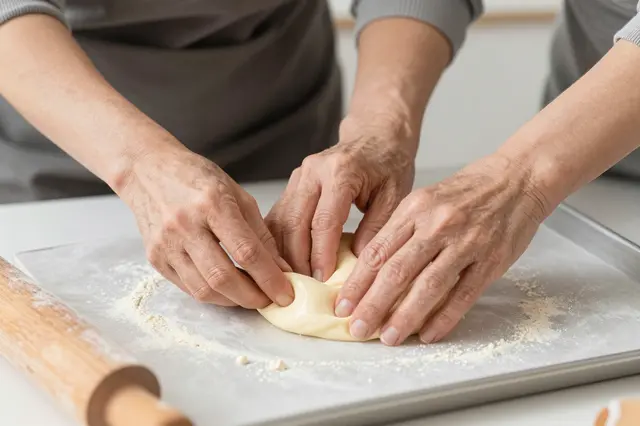 Two pairs of hands from older people work together to knead raw dough on a floured baking tray