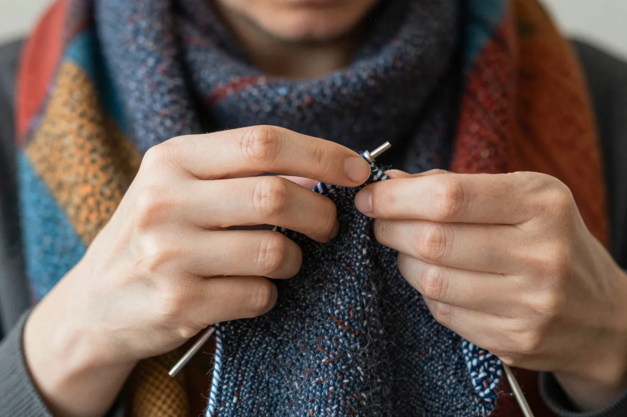 Close-up of a person's hands using metal knitting needles to work on a textured multicolor knitted scarf.