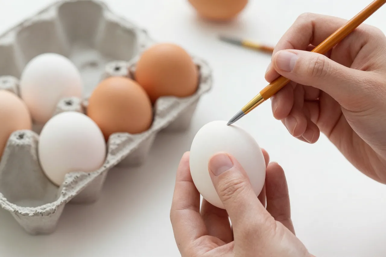 Two hands paint a white Easter egg with a fine paintbrush beside an open egg carton