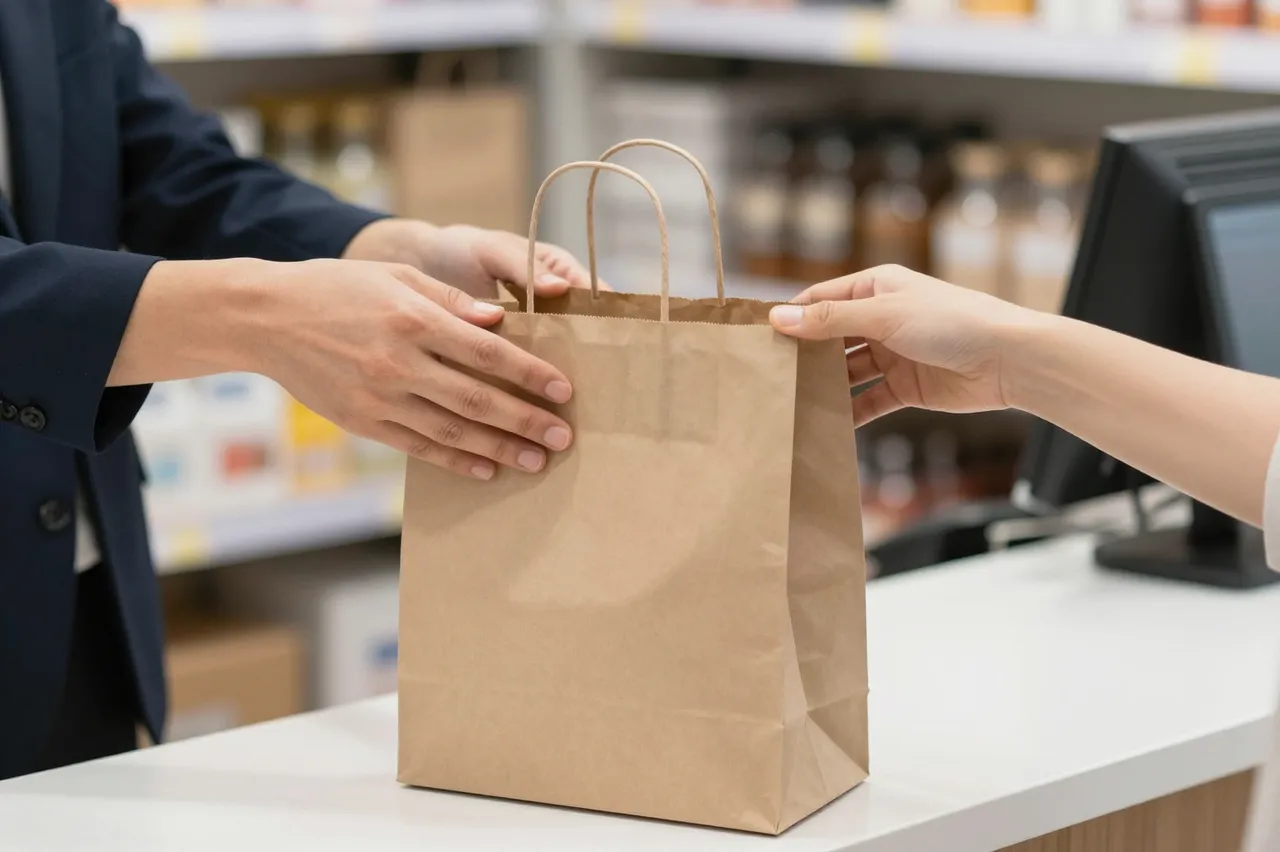 Two pairs of hands exchange a brown paper shopping bag across a retail shop counter
