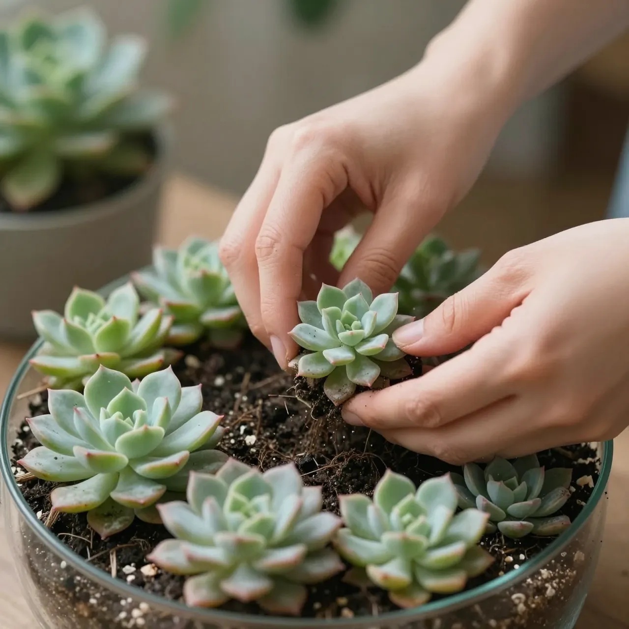 Close-up of a person's hands placing a small succulent into a glass terrarium filled with soil and other rosette succulents