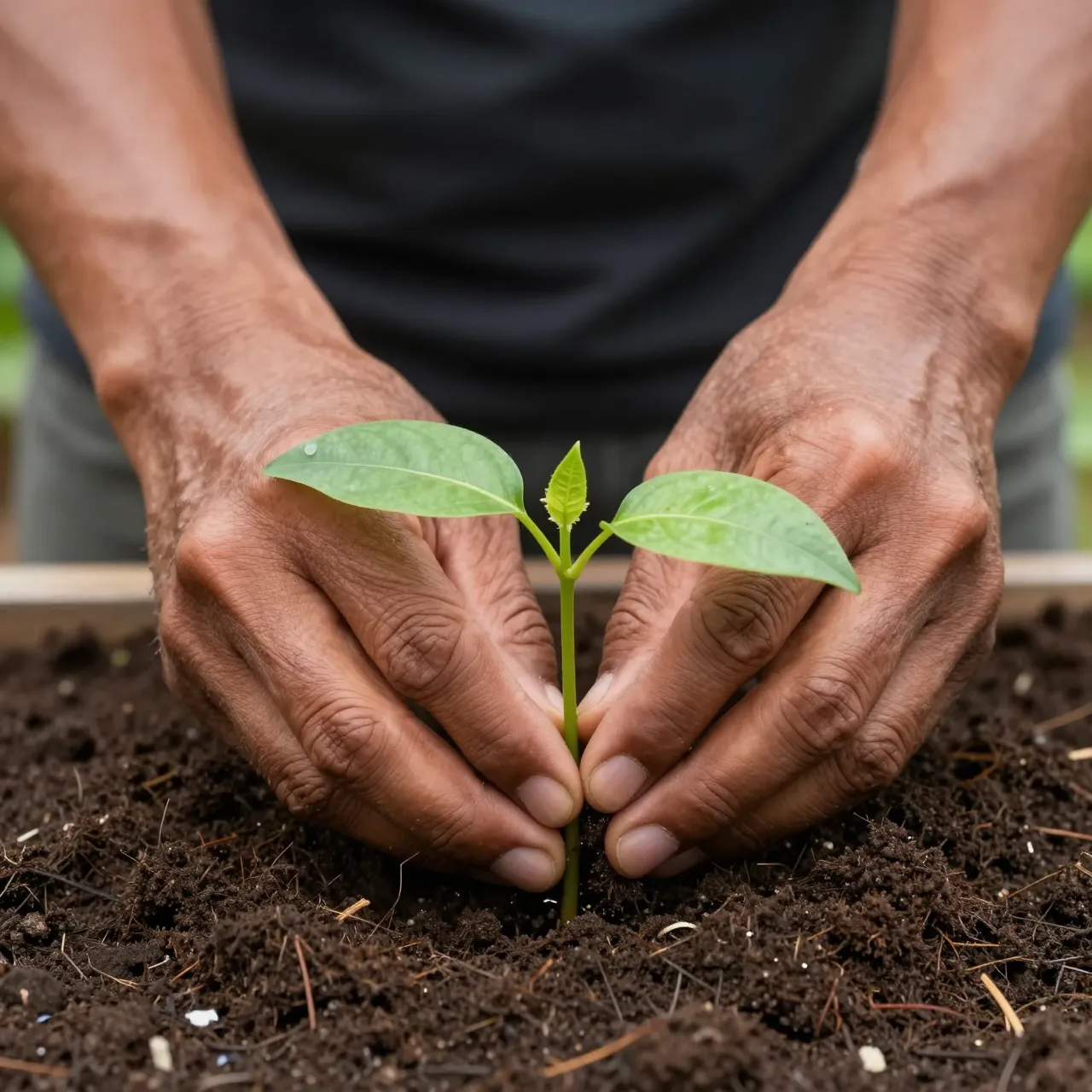 Close-up of a gardener's hands gently tucking a small green seedling into dark rich soil