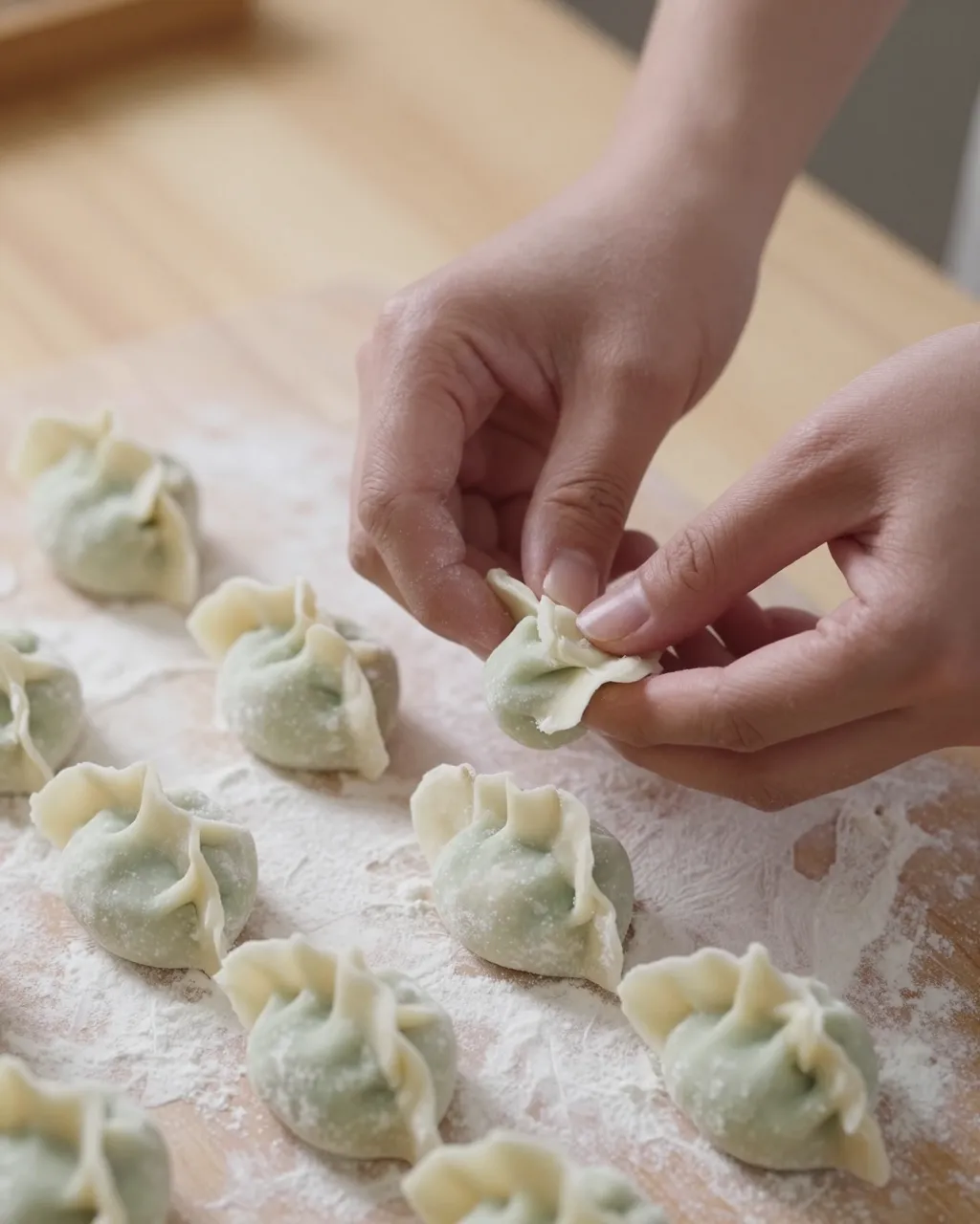 A person's hands pleat a dumpling above a floured wooden board lined with finished uncooked dumplings.