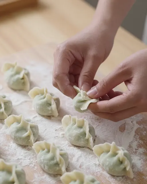A person's hands pleat a dumpling above a floured wooden board lined with finished uncooked dumplings.