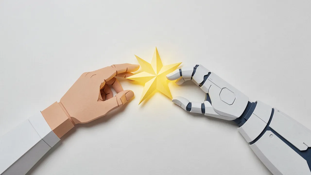 Paper cut illustration of a human hand and robot hand reaching toward a glowing yellow star