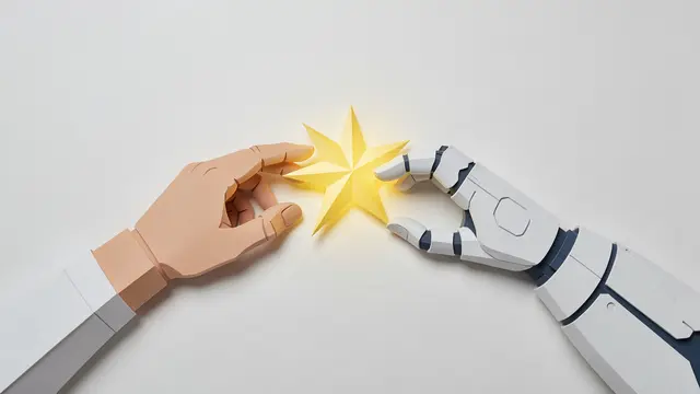 Paper cut illustration of a human hand and robot hand reaching toward a glowing yellow star