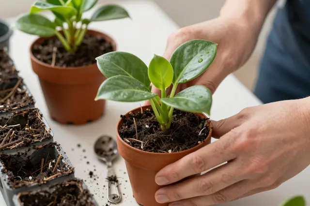 Close up of a person's hands adjusting a potted houseplant on a light potting bench