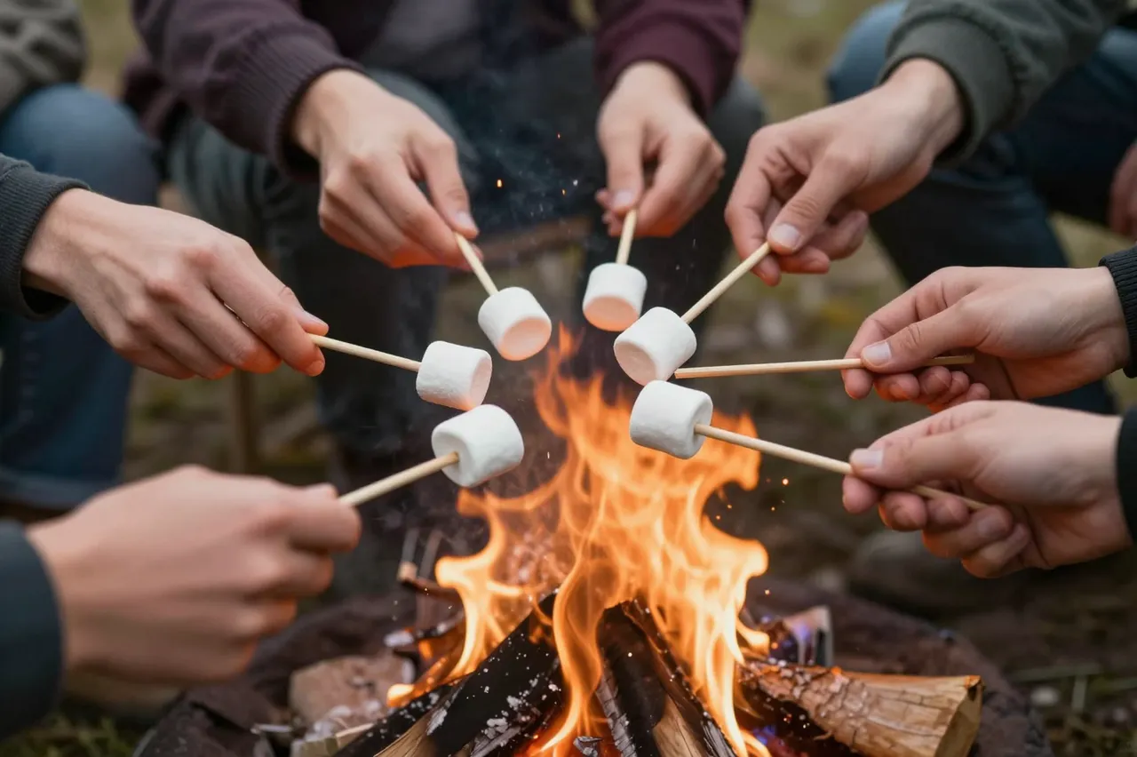 Multiple hands hold marshmallows on wooden sticks over a burning outdoor campfire