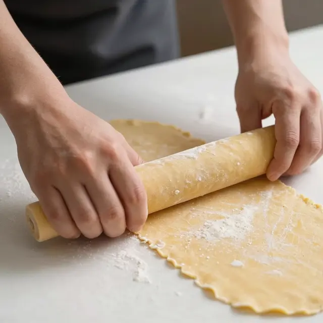 Close-up of a person using a rolling pin to flatten fresh pasta dough on a floured countertop