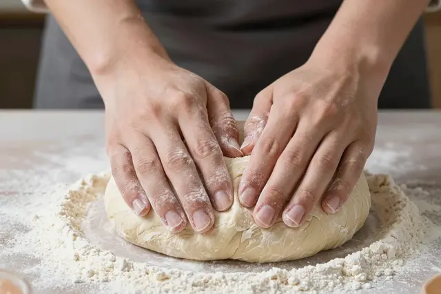 Flour-dusted hands press and shape raw bread dough on a floured kitchen countertop