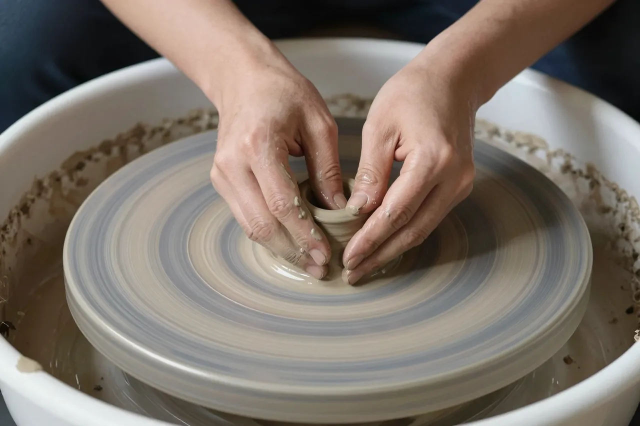 Close up of a person's clay-dusted hands shaping wet clay on a spinning pottery wheel.