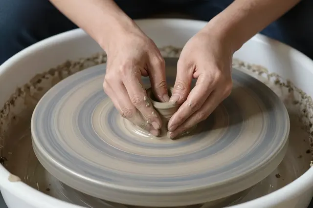 Close up of a person's clay-dusted hands shaping wet clay on a spinning pottery wheel.