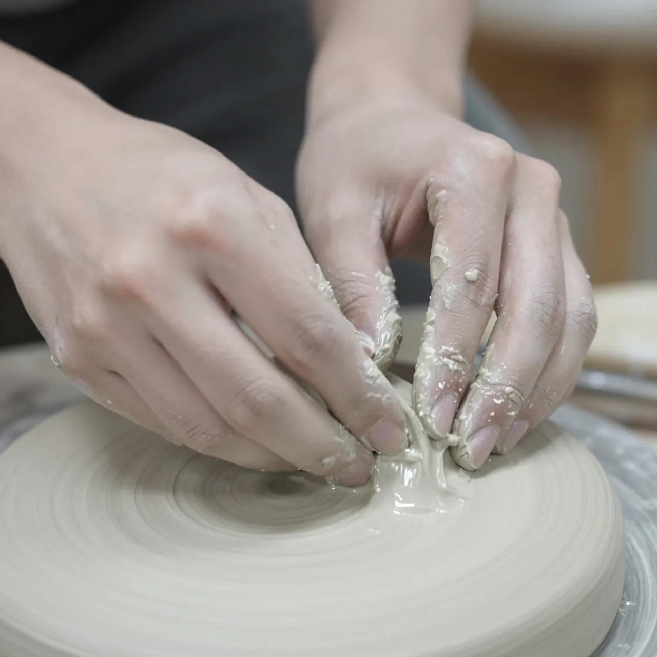 Close-up of ceramic artist's clay-covered hands smoothing wet clay on a spinning pottery wheel