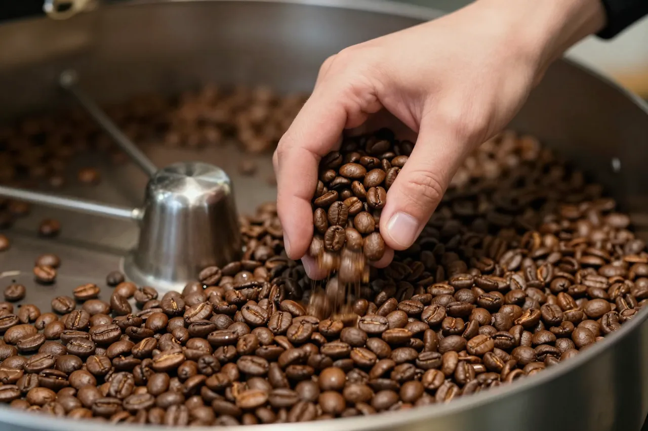 A roaster's hand sifts freshly roasted coffee beans over a metal cooling tray