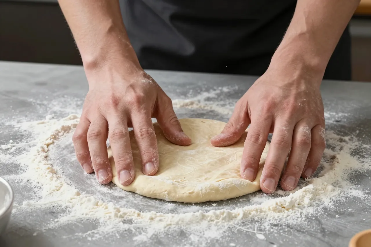 A person presses and stretches fresh pizza dough on a floured gray countertop
