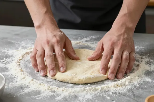 A person presses and stretches fresh pizza dough on a floured gray countertop
