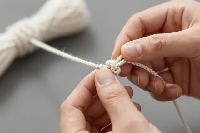 Close-up of two hands tying a macrame knot with off-white cotton cord on a gray work surface