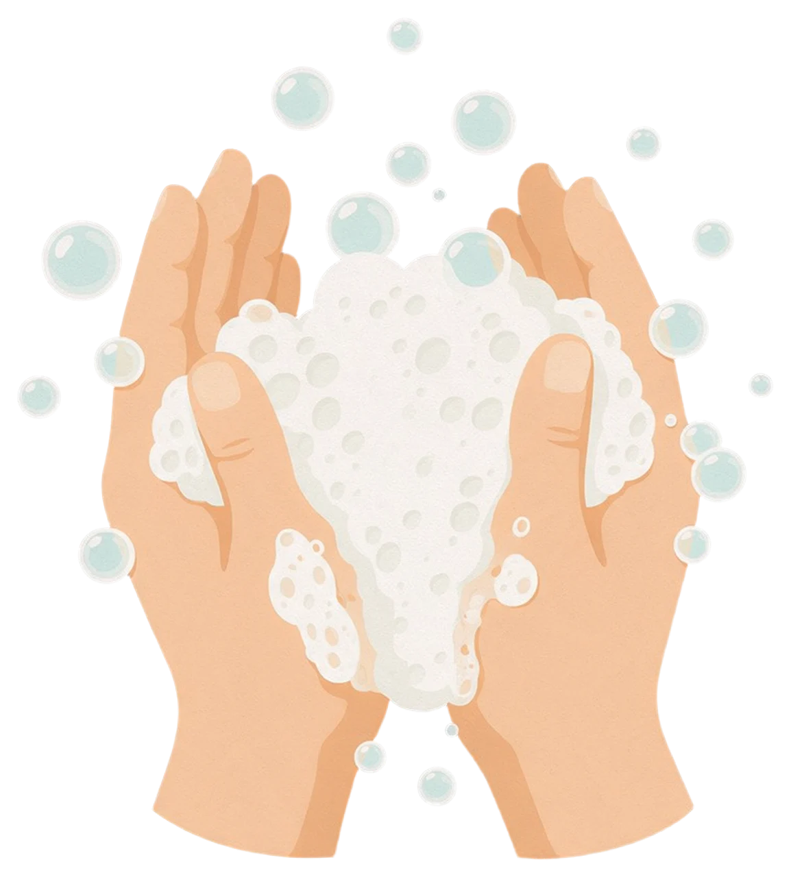 Two hands covered in thick white soap lather with floating translucent bubbles during hand washing