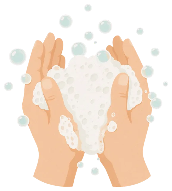 Two hands covered in thick white soap lather with floating translucent bubbles during hand washing