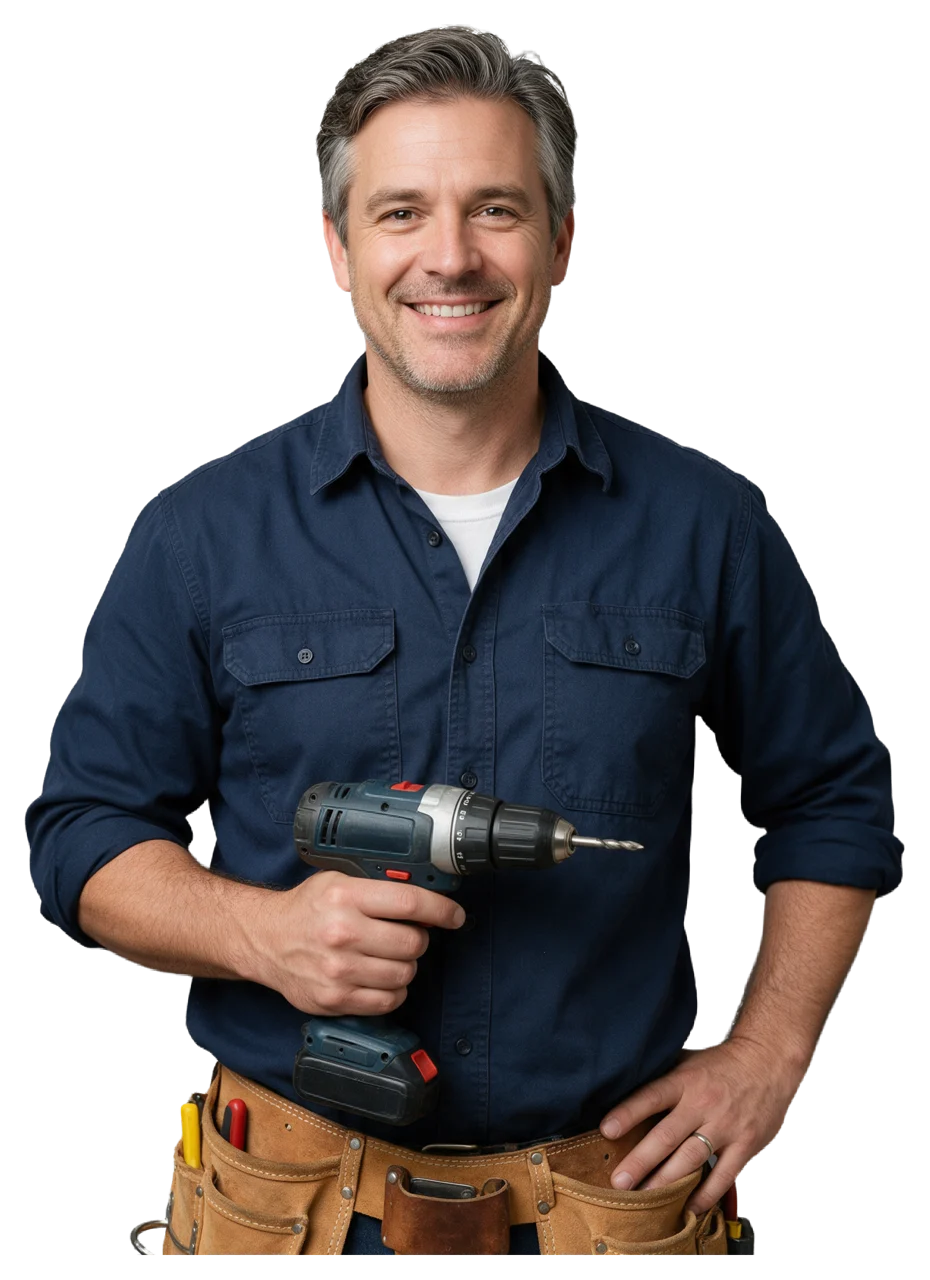 Smiling middle aged tradesman holds a cordless drill while wearing a leather tool belt