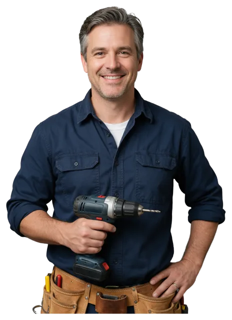 Smiling middle aged tradesman holds a cordless drill while wearing a leather tool belt