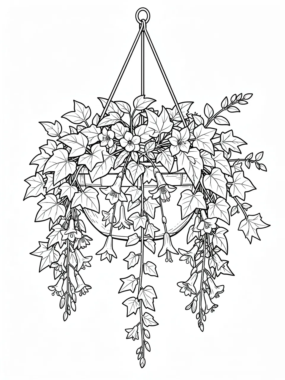 Clean black and white line art of a hanging planter with trailing fuchsia and ivy foliage on a plain white background