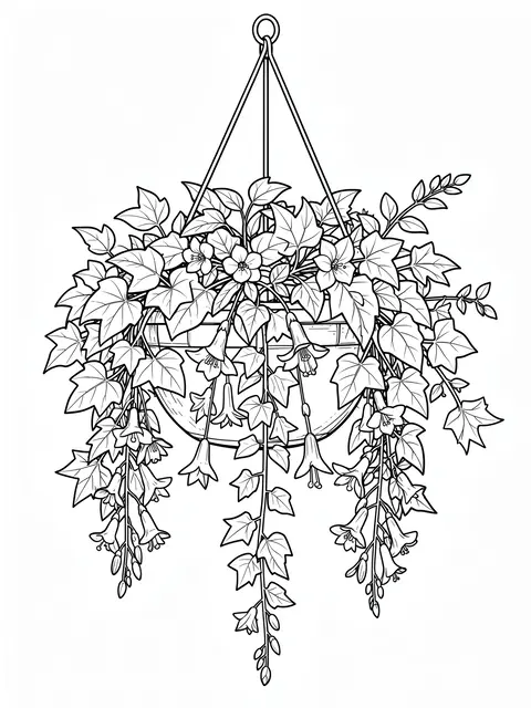 Clean black and white line art of a hanging planter with trailing fuchsia and ivy foliage on a plain white background