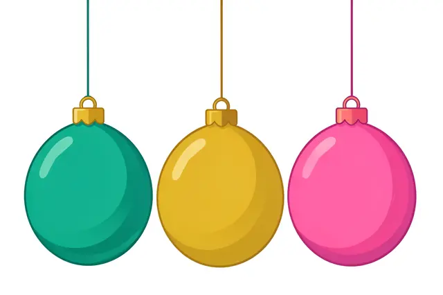 Three glossy teal, gold, and pink round Christmas ornaments dangling from thin strings against a plain white background
