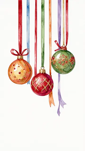 Watercolor illustration of three patterned Christmas baubles suspended from colorful ribbons against a white background