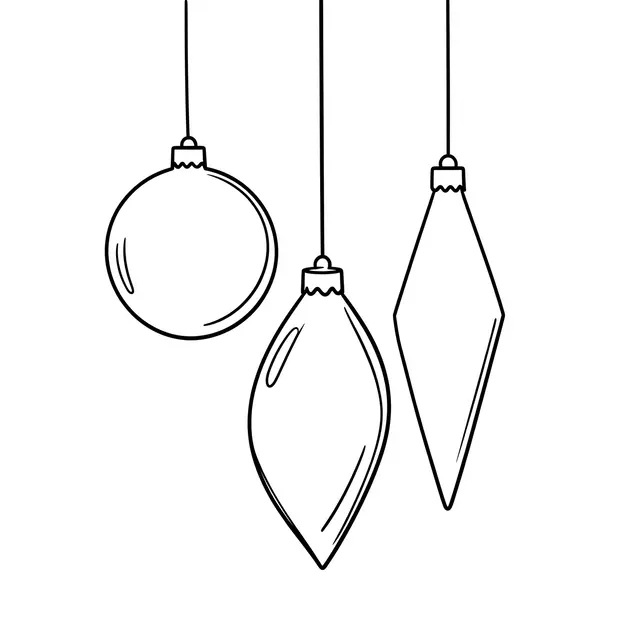 Simple black line art of three hanging Christmas ornaments against a plain white background
