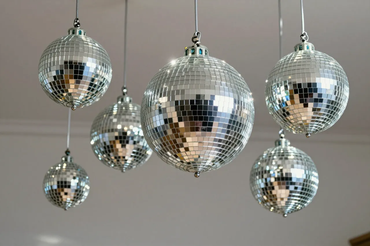 Multiple small mirrored disco balls hang at varying heights reflecting light against a plain neutral ceiling