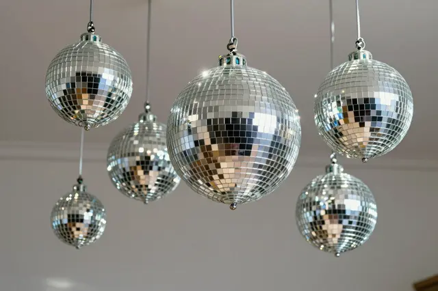 Multiple small mirrored disco balls hang at varying heights reflecting light against a plain neutral ceiling